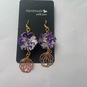 Purple and Gold Handmade Resin Floral Earrings